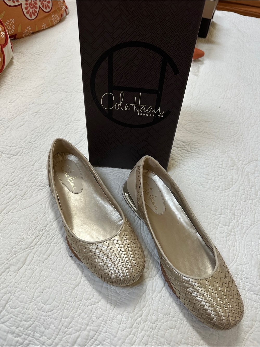 Cole Haan Woven Metallic Champagne Ballet Flats
